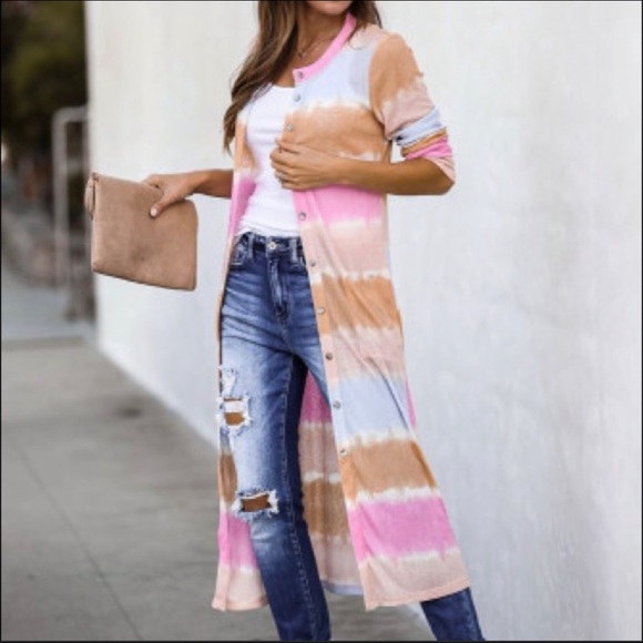 Colorblock Long Pink/Brown Cardigan - Picture 3 of 6